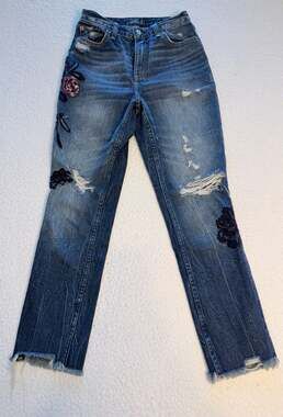 Abercrombie & Fitch Annie Girlfriend High-Rise Floral Embroidered Distressed Jea